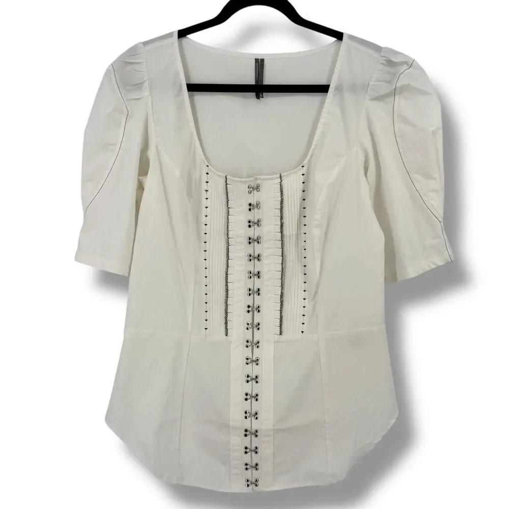 Anthropologie Corset Style Hook & Eye Closure Puff Sleeve Blouse Womens Sz Large